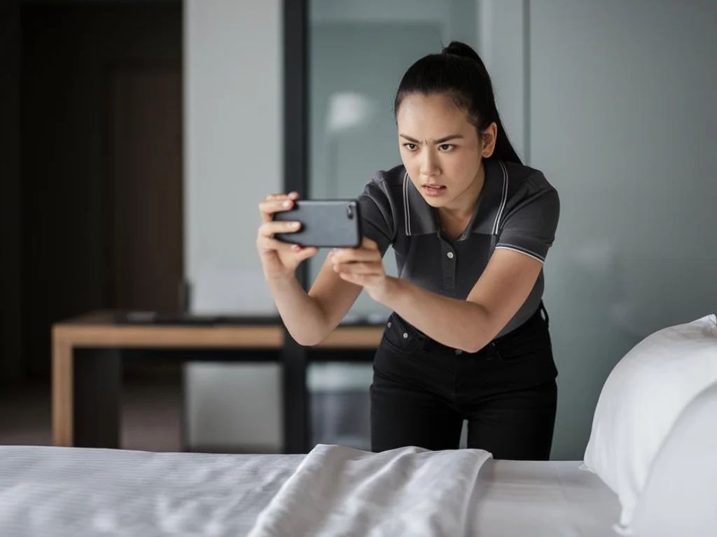 Ein Mitarbeiter von SanusClean überprüft ein Hotelzimmer mit einem Tablet, um die Sauberkeit zu gewährleisten.